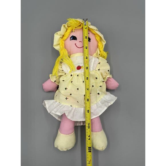 Yellow Haired Rag Cloth Doll In Dress & Bonnet Tomato On Dress 12” READ DETAILS - Picture 4 of 8